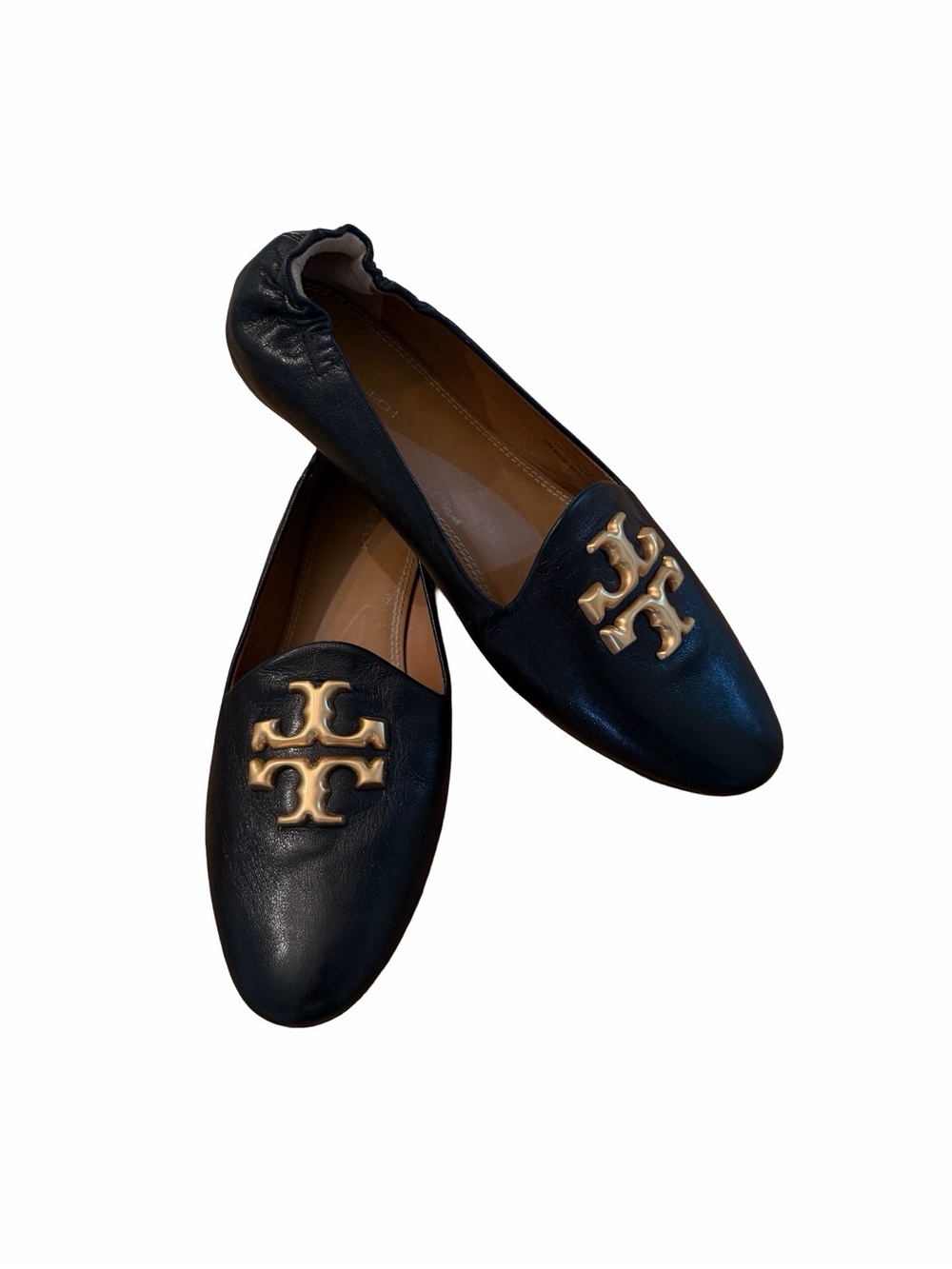 Tory Burch Navy Leather Slip-On Flats with Gold Logo